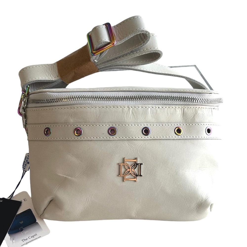 DOMINIE The Capri Leather Crossbody Belt Bag. NEW. Soft White Luna Rock Grey.